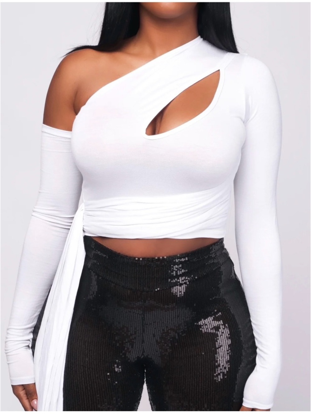 One-Shoulder White Cutout Wrap Crop Top